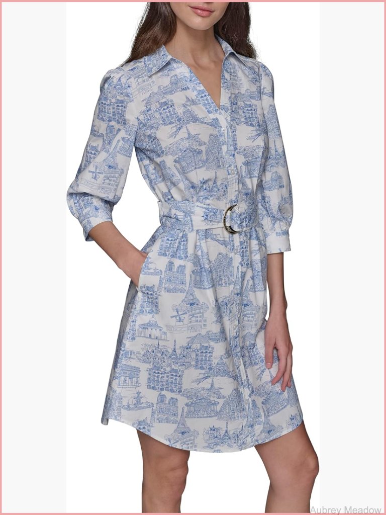 3/4 Sleeve Collared Belted Cotton Mini Shirtdress